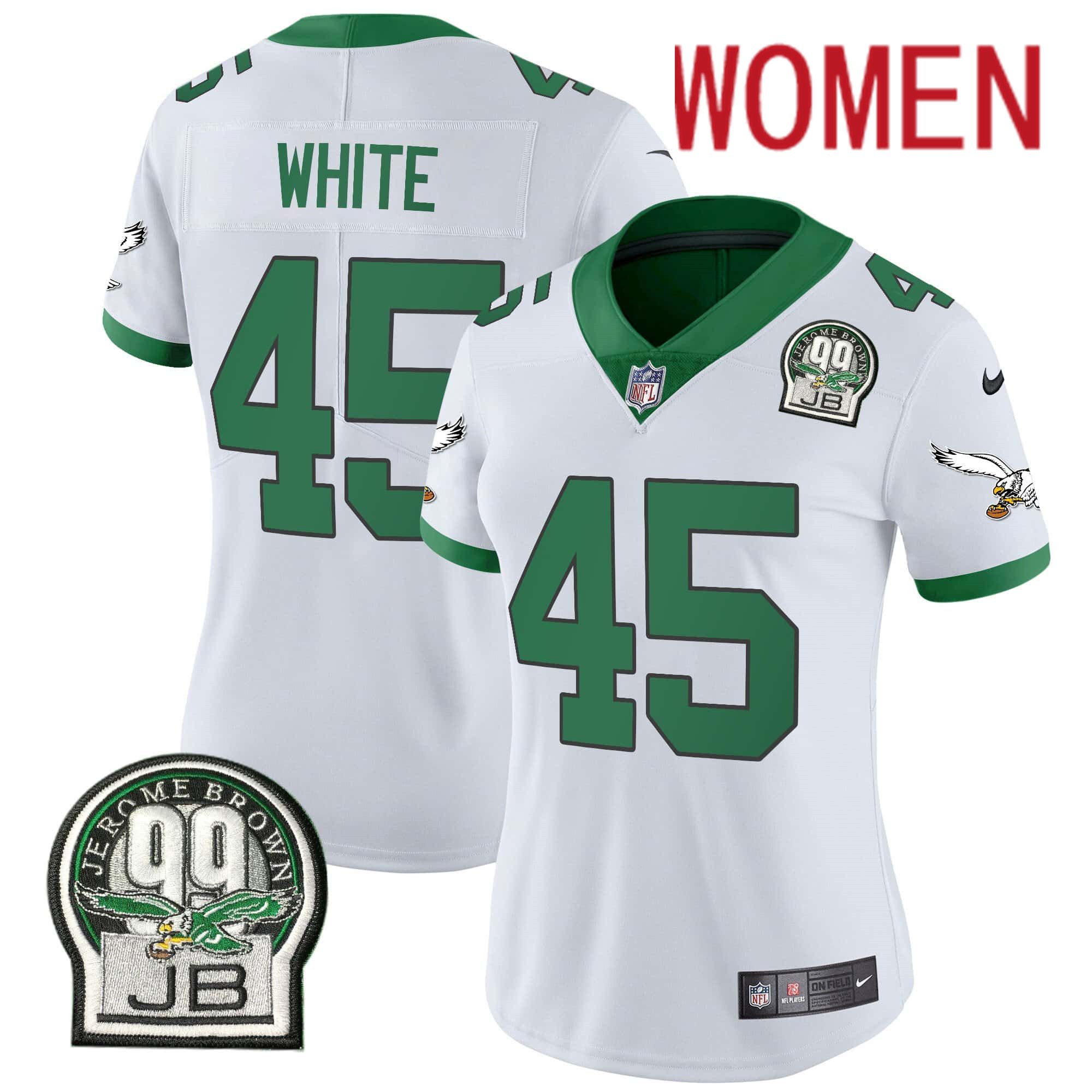 Women Philadelphia Eagles #45 White White 2024 Nike Jerome Brown Patch Alternate Limited NFL Jersey
